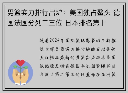 男篮实力排行出炉：美国独占鳌头 德国法国分列二三位 日本排名第十